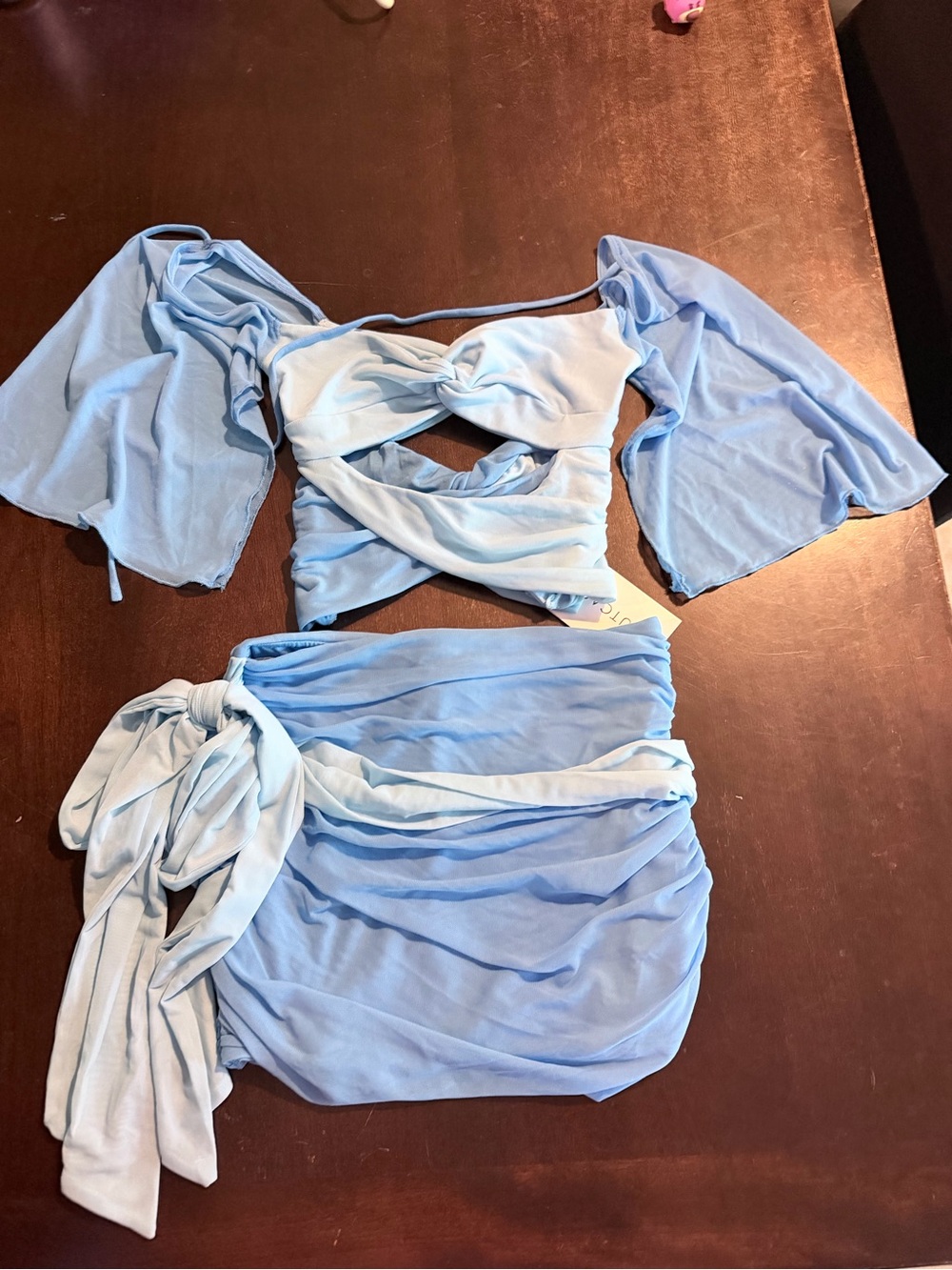 Light Blue Twist-Wrap Crop Top with Flutter Sleeves